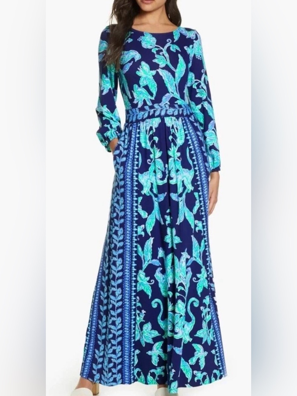 Lilly Pulitzer Micole Maxi Dress High Tide Navy Women's 16 Long Sleeves NEW